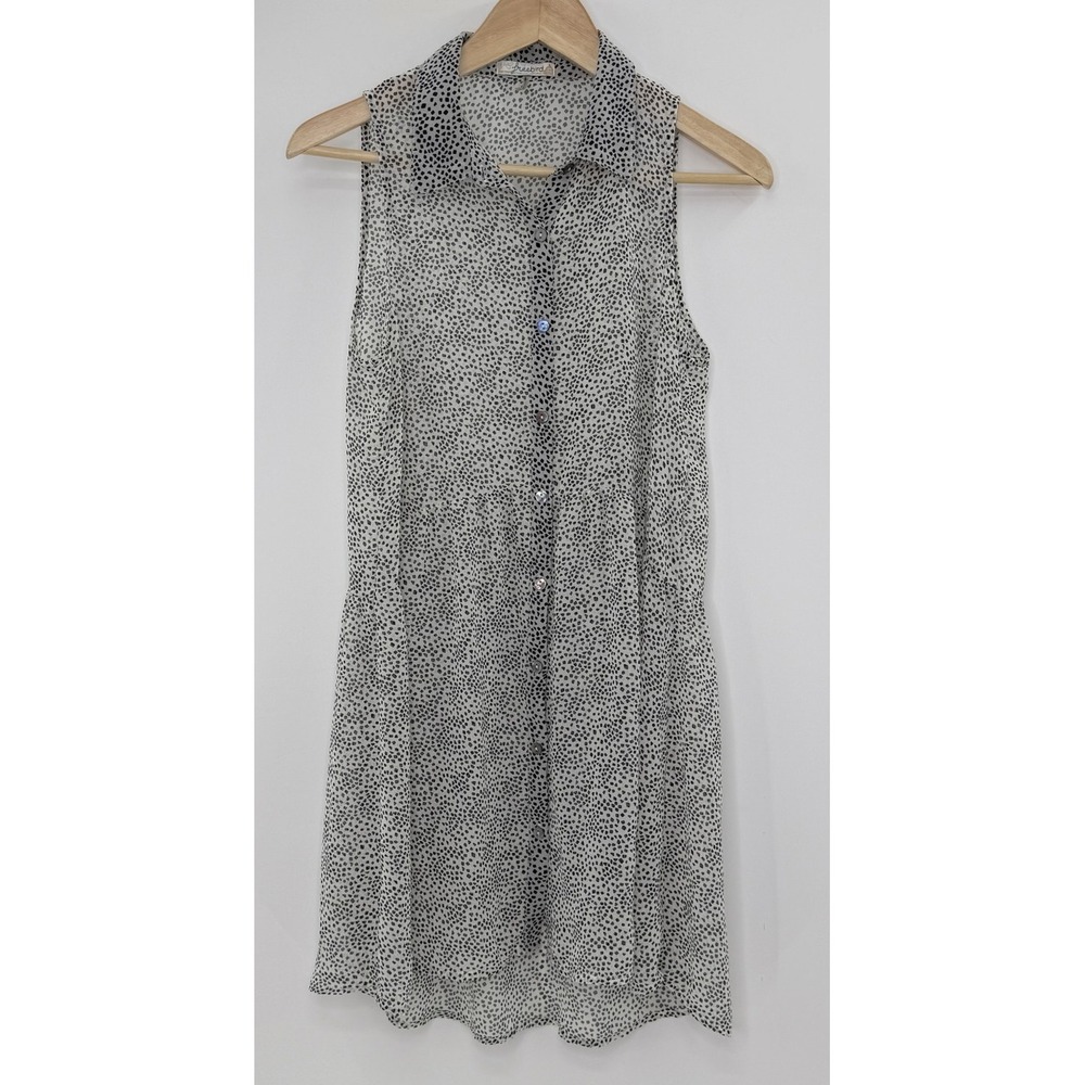 Freebird Black White Sleeveless Button Sheer Overlay‎ Dress Sz M Boho Preppy